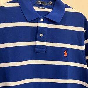 Polo by Ralph Lauren Blue & White Striped Polo with Orange Pony